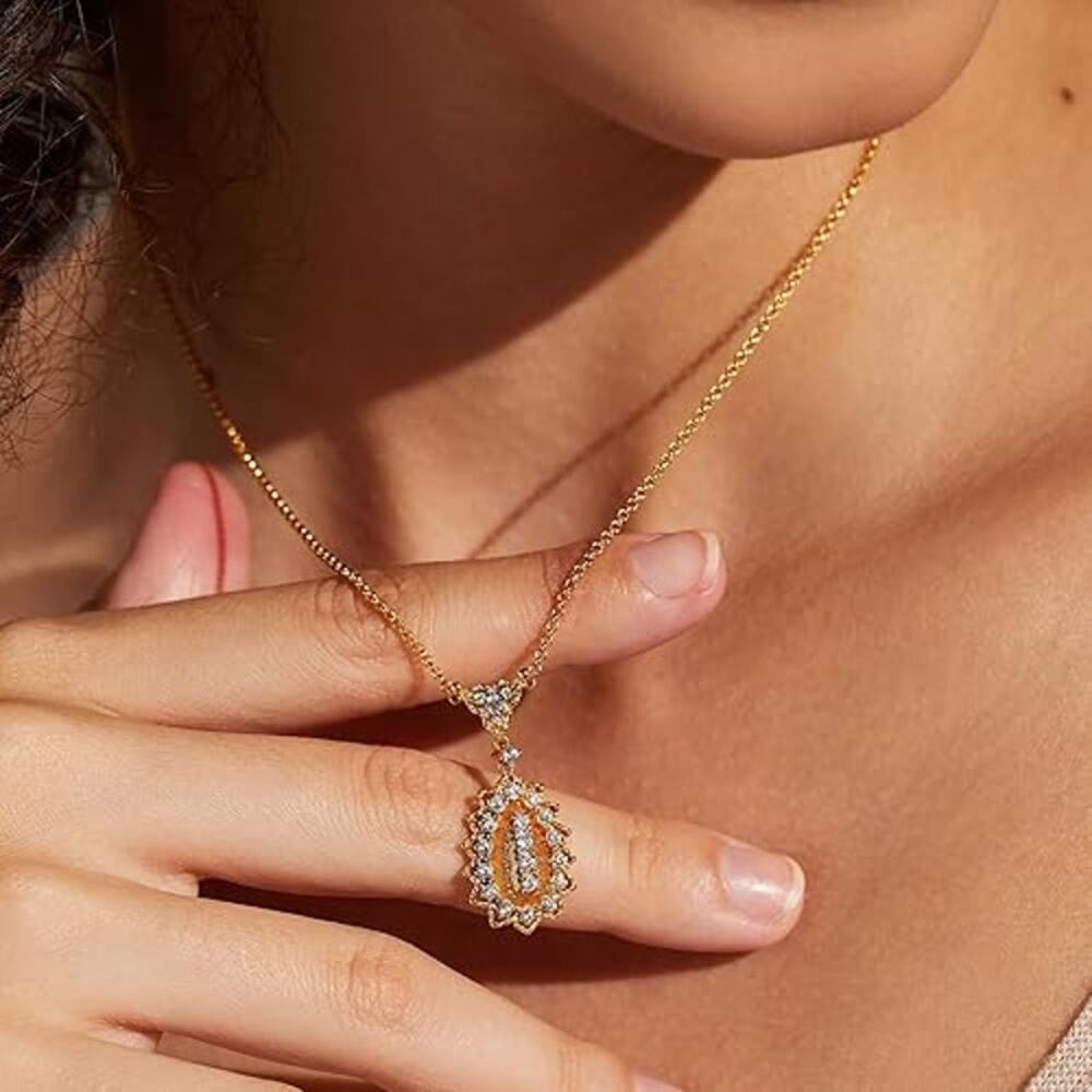 14K Gold Plated Oval Pendant Necklace Cubic Zirconia Pearl Vintage Style